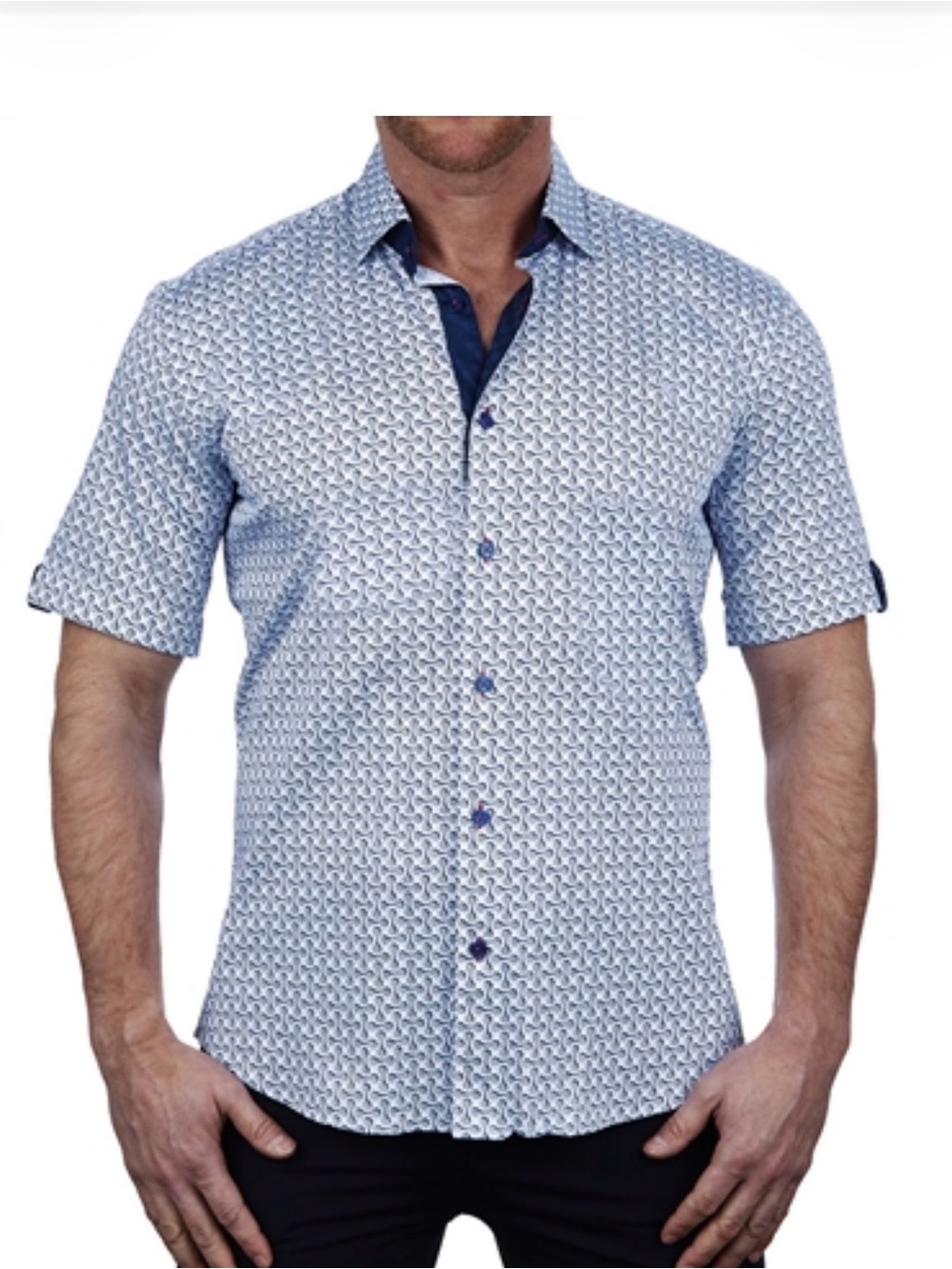 Maceoo Galileo Shape Fitted Blue Men’s L Short Sleeve Geometric Button Up Shirt